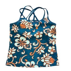 Jerdog floral tennis top. EUC. Sz S. Blue/orange Crisscross straps. Built in bra